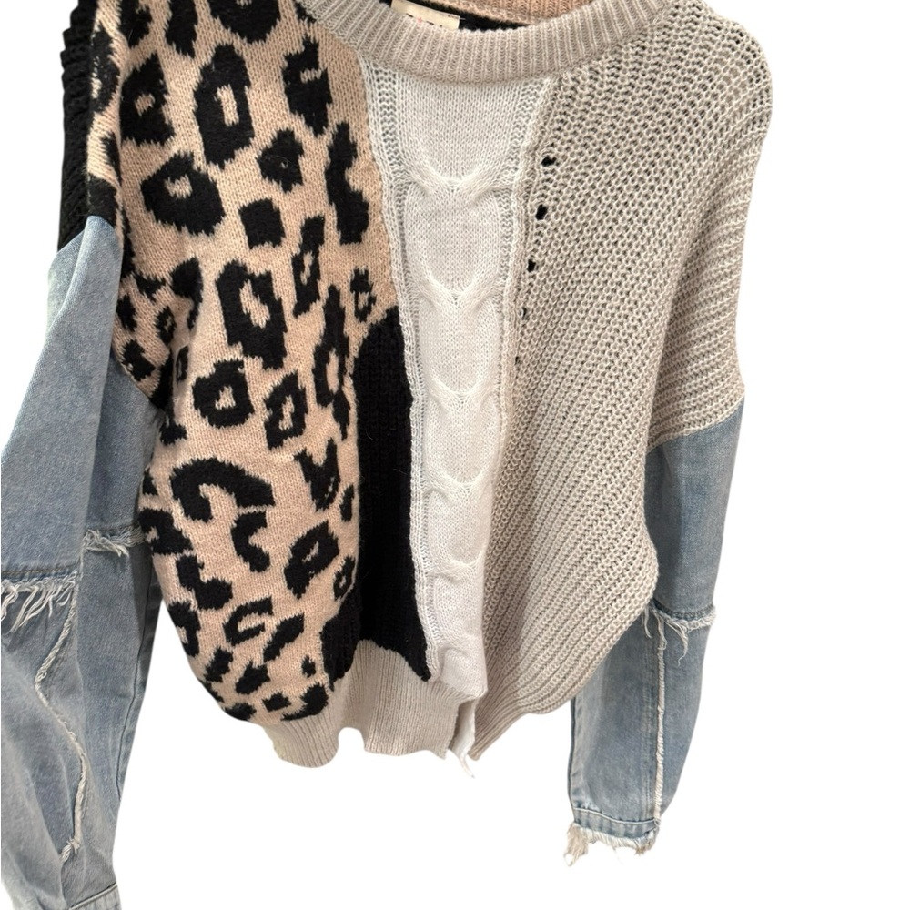 BiBi Leopard and Denim Patchwork Sweater NWT